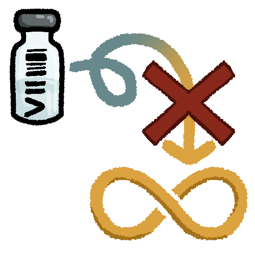 A drawing of a glass medicine vile with a curly arrow pointing to an autism infinity symbol. There is a red x over the arrow and the vile has a v and bardcode on it. The arrow transitions in colour from blue to a rich yellow. 